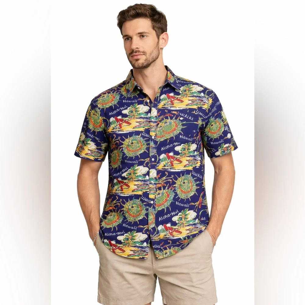 HUF Hawaiian Button‎ Down Shirt XL 100% Cotton Tropical Aloha Print Blue Surf